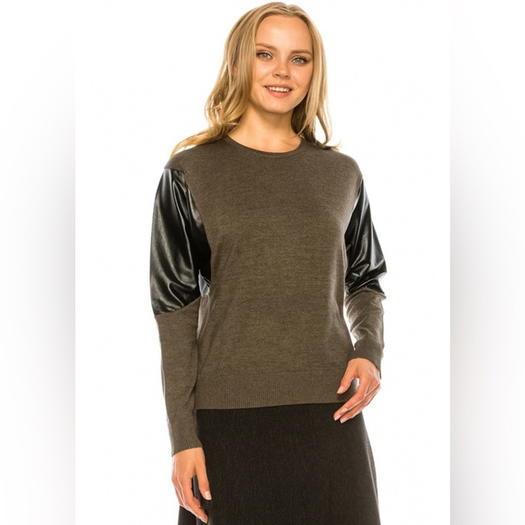 YAL NEW YORK OLIVE & LEATHER TOP - Picture 2 of 10